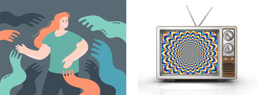 Television as influential mass media - hypnotic spiral on the screen. Metaphor of mind control, propaganda, brainwashing and manipulation caused by watching TV and mainstream broadcasting. Retro TV. 3d illustration